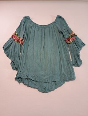 M Made In Italy Women's Boho Embroidered Bell-Sleeve Women's Top - Teal